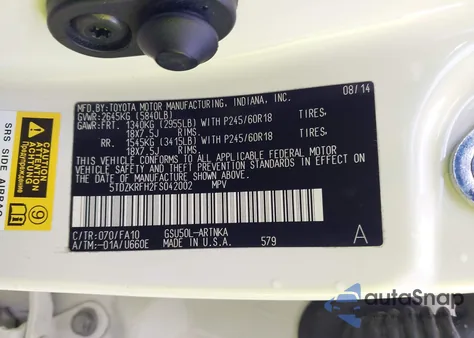 2015 Toyota Highlander Le Plus V6 from USA, damaged, VIN 5TDZKRFH2FS042002